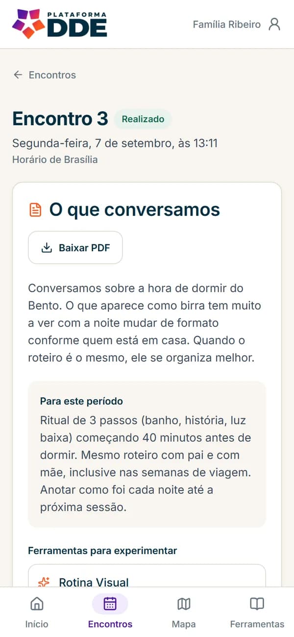 Tela do resumo de um encontro realizado: o que foi conversado e o combinado para o período.